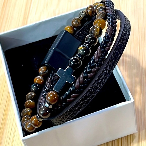 Brand New Men's Beaded Braided Leather Metal Cross Bracelet Magnetic Clasp - Picture 5 of 15